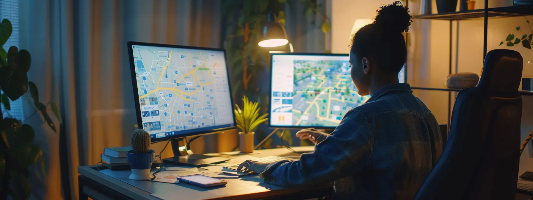 a person sitting at a desk, scrolling through a computer screen displaying a map with icons of local behavioral health providers.