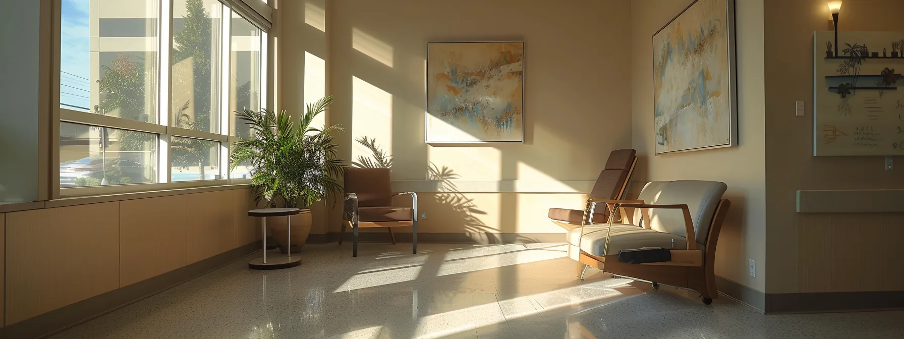 a serene therapy room with natural light streaming in, featuring calming artwork and comfortable seating for holistic treatments.