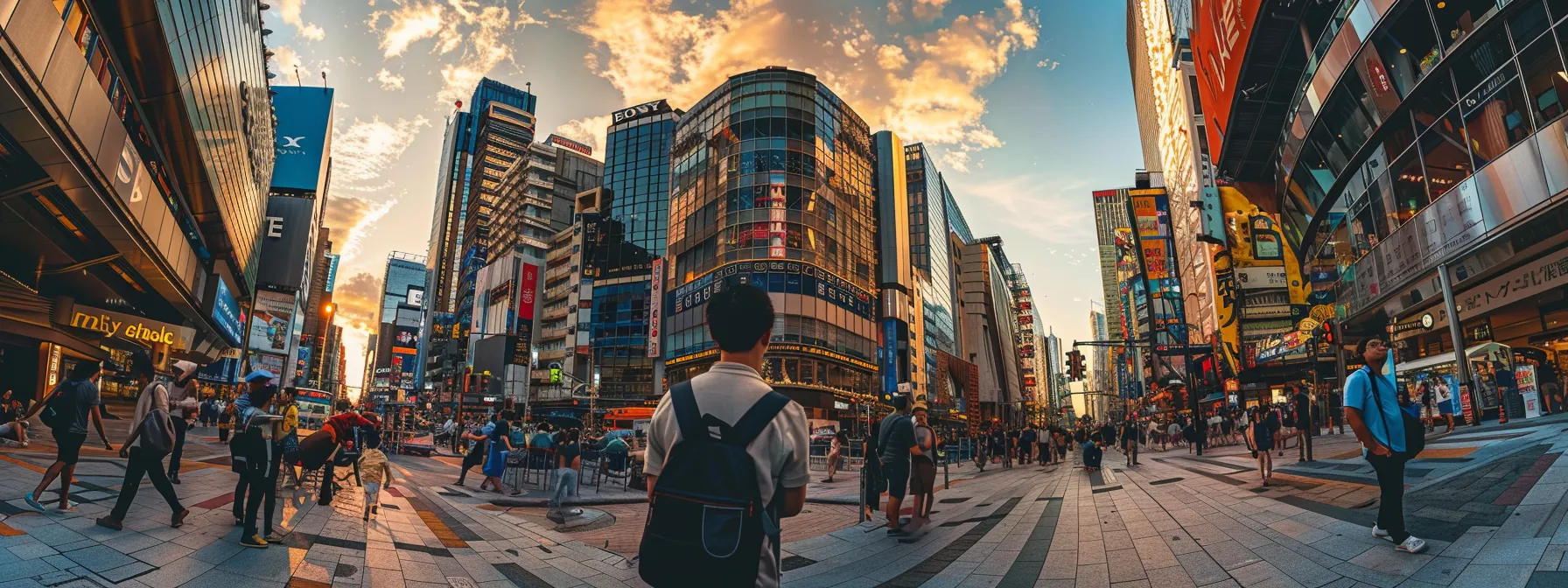 a person standing at the edge of a bustling city square, surrounded by tall buildings and a crowded street, feeling overwhelmed and dizzy.