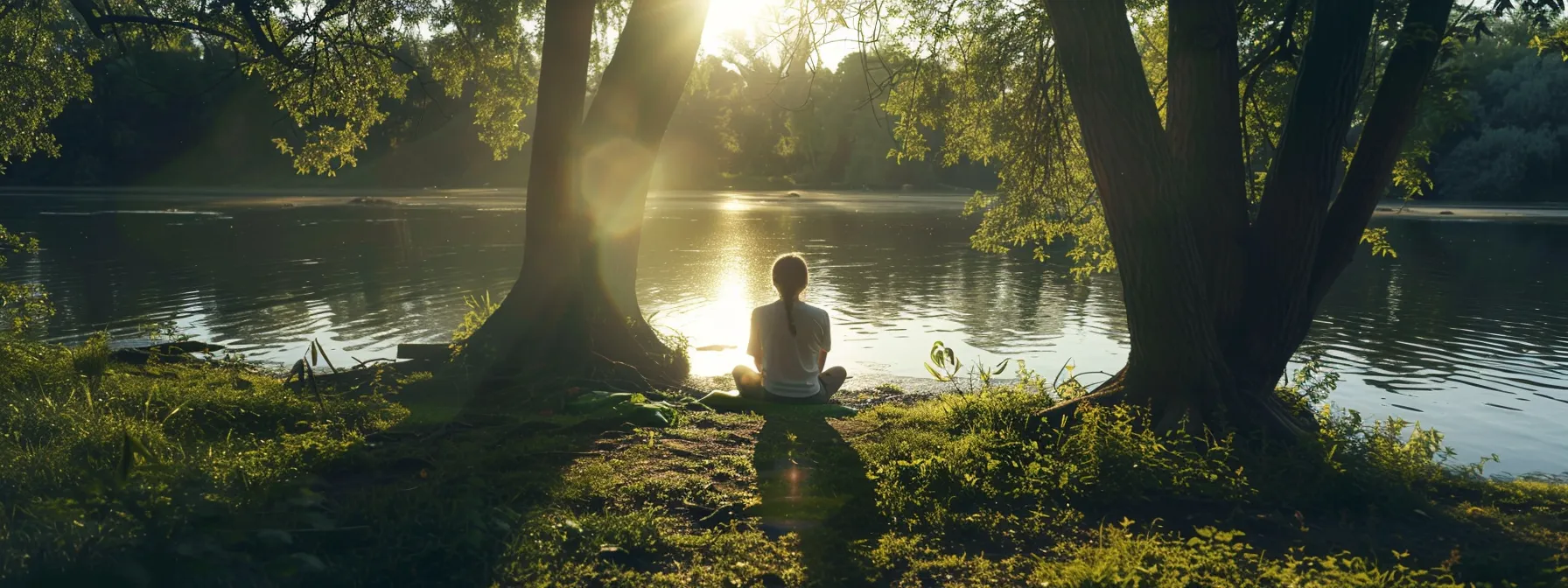 a serene, peaceful lakeside setting with a person releasing burdensome memories into the calming water, symbolizing the transformative journey of empowerment through emdr therapy.