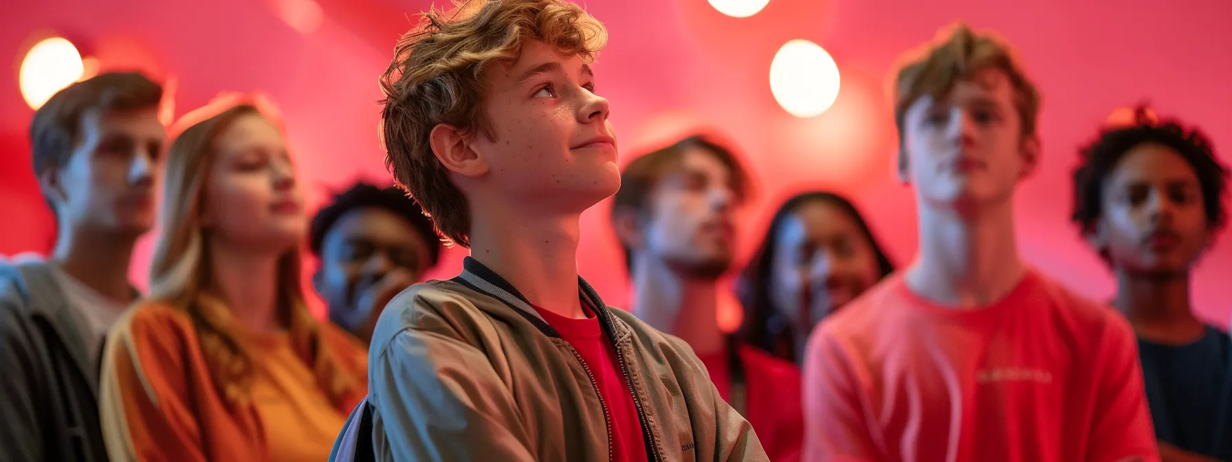 a confident teenager standing tall, surrounded by supportive friends and family, symbolizing resilience and growth through cognitive behavioral therapy.