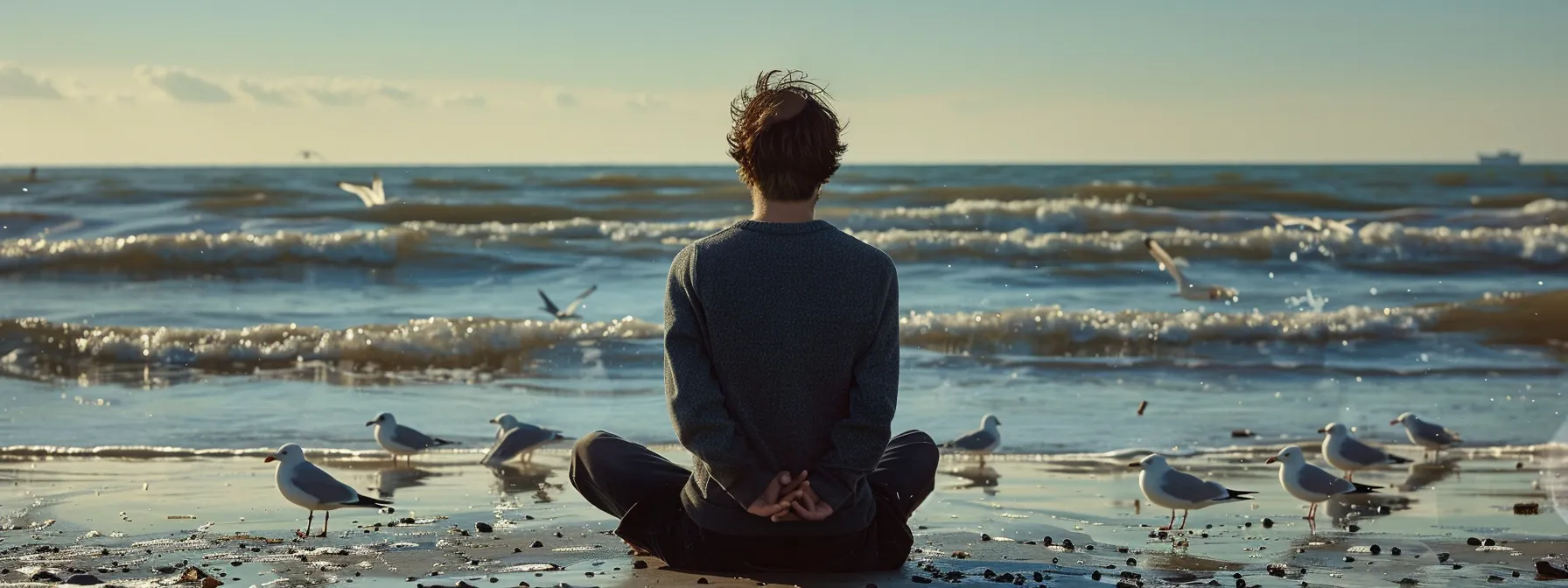 quarter-life crisis. a person sitting cross-legged on a beach, eyes closed, breathing deeply, surrounded by calming waves and seagulls.