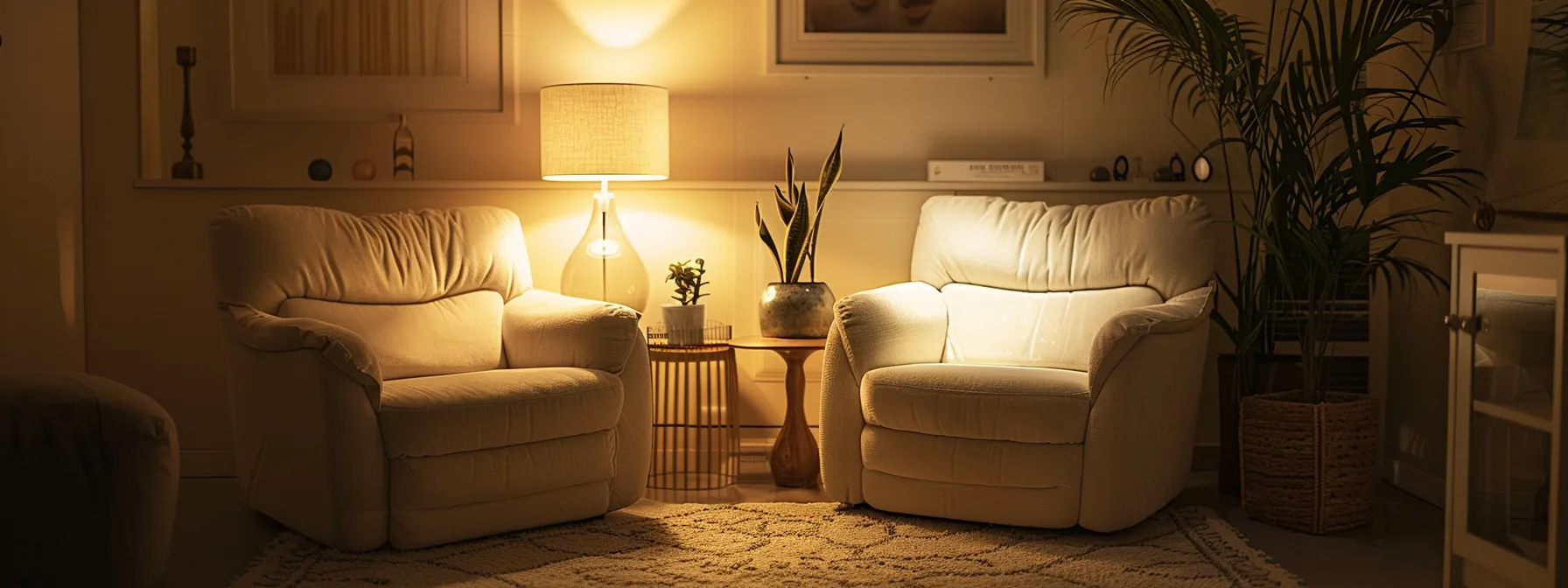 a calming therapy session room with soft lighting and cozy furniture, enhancing a sense of safety and support for individuals receiving bpd treatment.