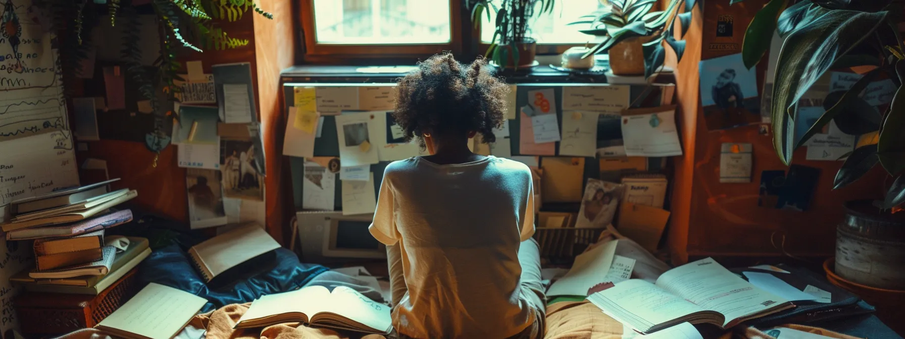 quarter-life crisis. a person sitting in front of a mirror, deep in thought, surrounded by journals and notes, reflecting on their personal values and life goals.