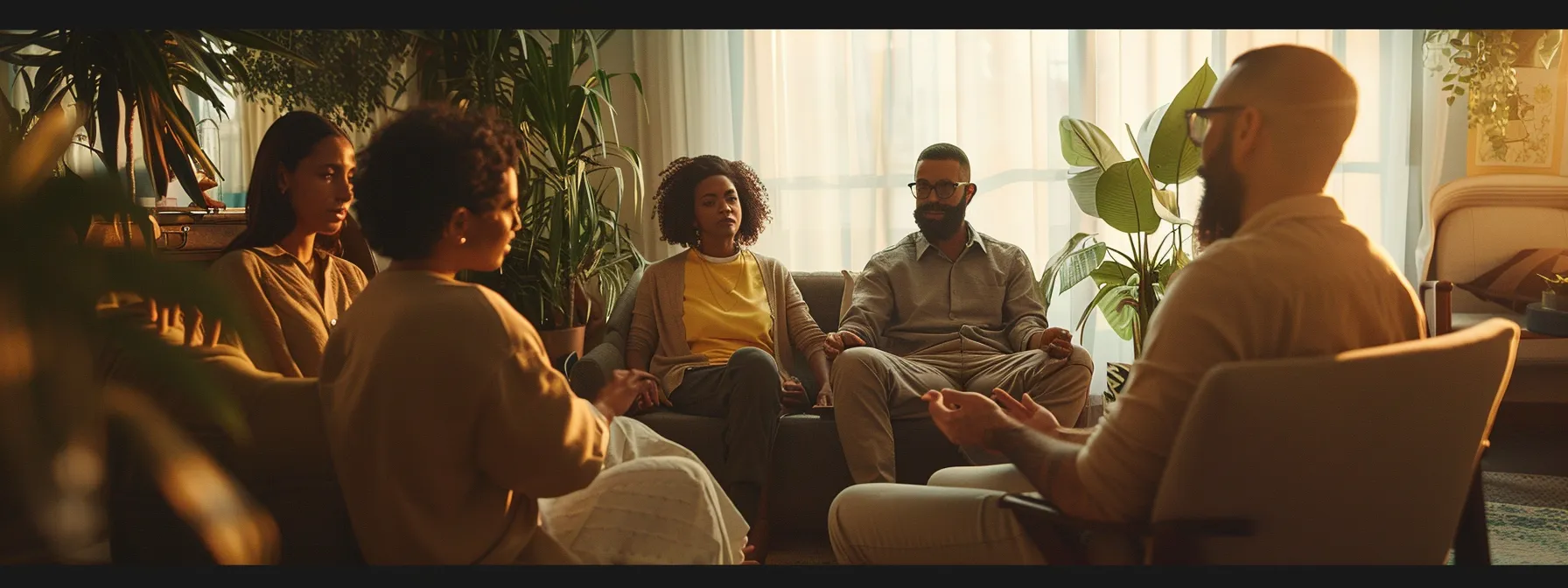 a diverse group of individuals engaging in a supportive therapy session, surrounded by positive and encouraging energy.