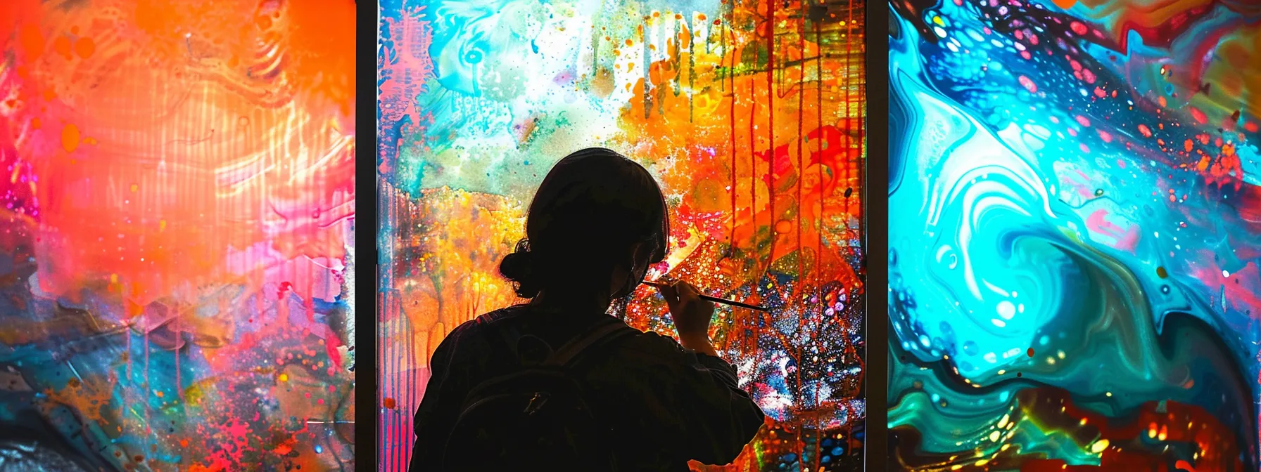 a person immersed in painting a vibrant, abstract canvas, surrounded by soothing music and inspiring art pieces.