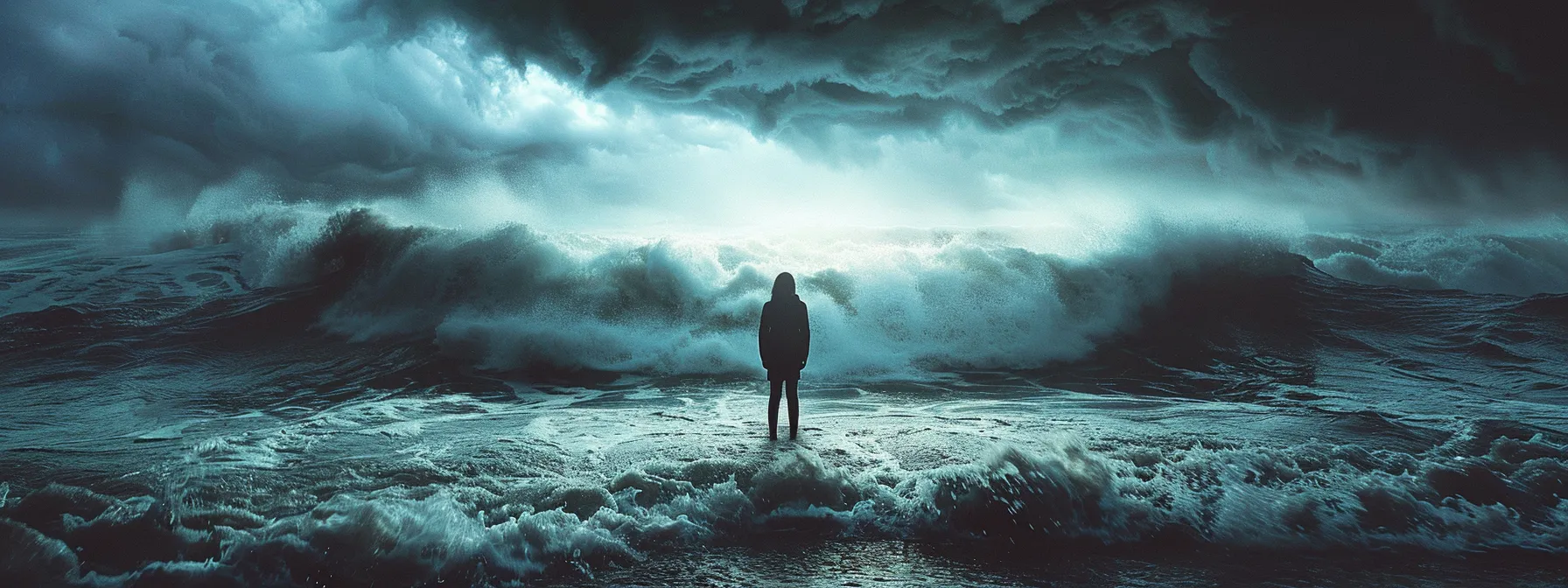 a person standing alone in a stormy sea, symbolizing the turmoil of borderline personality disorder.