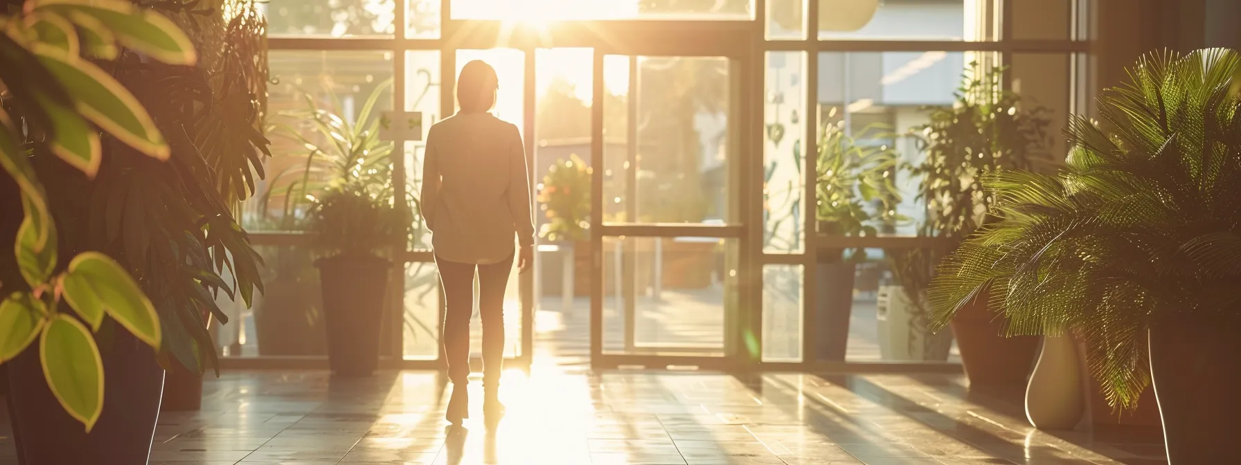 a person confidently walking through a welcoming mental health clinic entrance, with a bright and comforting atmosphere, symbolizing overcoming obstacles to accessing behavioral health care.