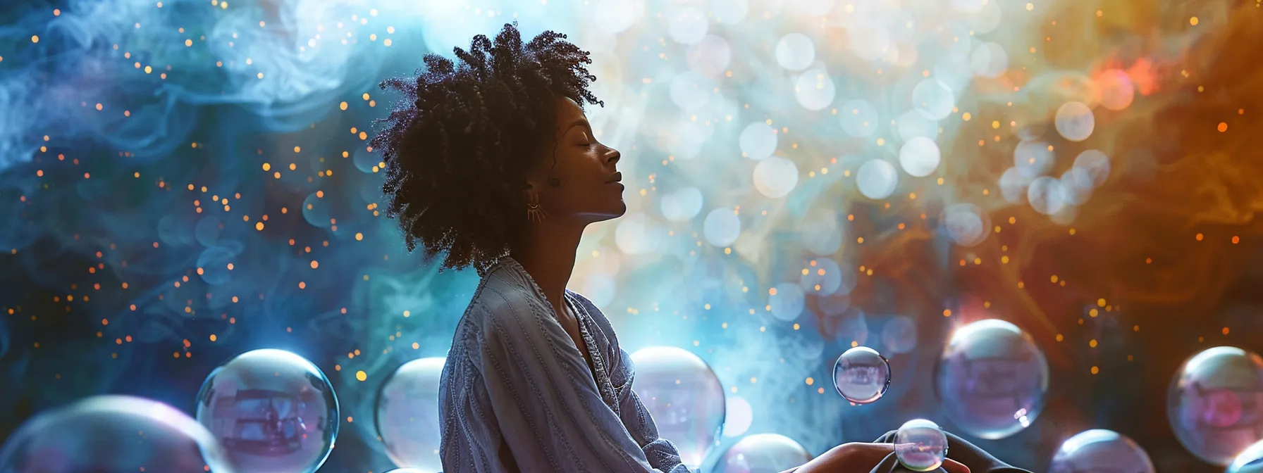 a person sitting with a serene expression, surrounded by floating negative thought bubbles being replaced with positive ones, symbolizing the transformation through cognitive behavioral therapy.