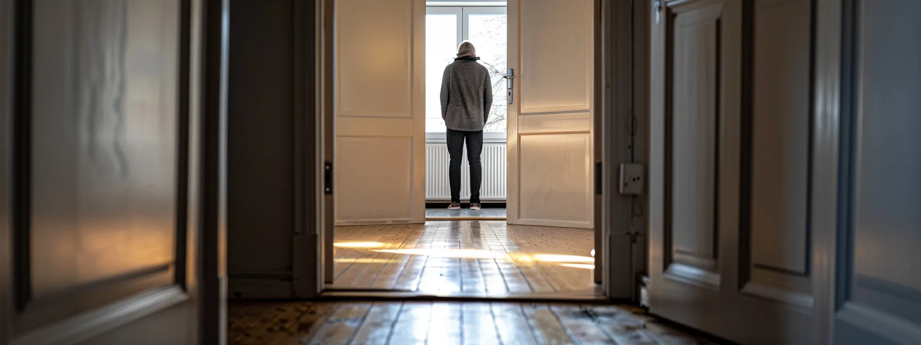 a person standing frozen in fear at the threshold of an open door, encapsulating the essence of agoraphobia.