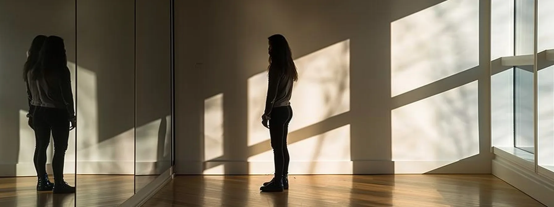 a lone figure stands in front of a mirror, reflecting their own image with a sense of longing and self-absorption, capturing the essence of narcissism and mental health connections.