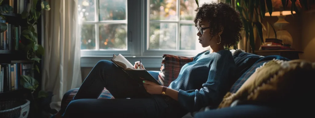 Cognitive Behavioral Therapy,a person seated in a cozy room, deeply focused on a notebook filled with positive affirmations and goals.