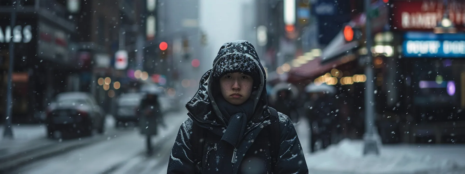 a person standing frozen in a crowded street, paralyzed by fear and anxiety, representing the physical, emotional, and behavioral symptoms of agoraphobia.