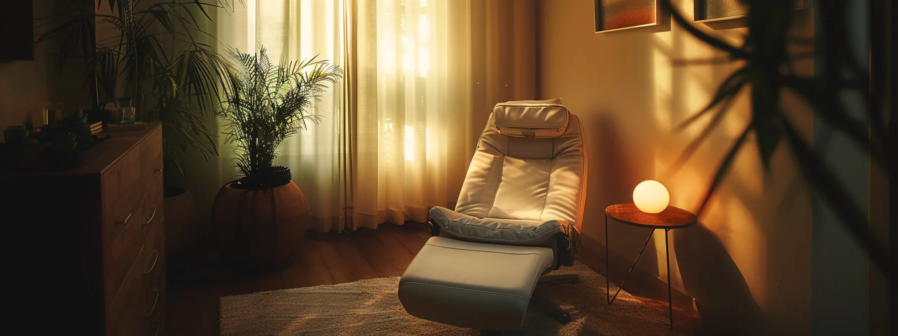 a serene therapist's office with warm lighting and calming decor, showcasing a cozy chair for therapy sessions.