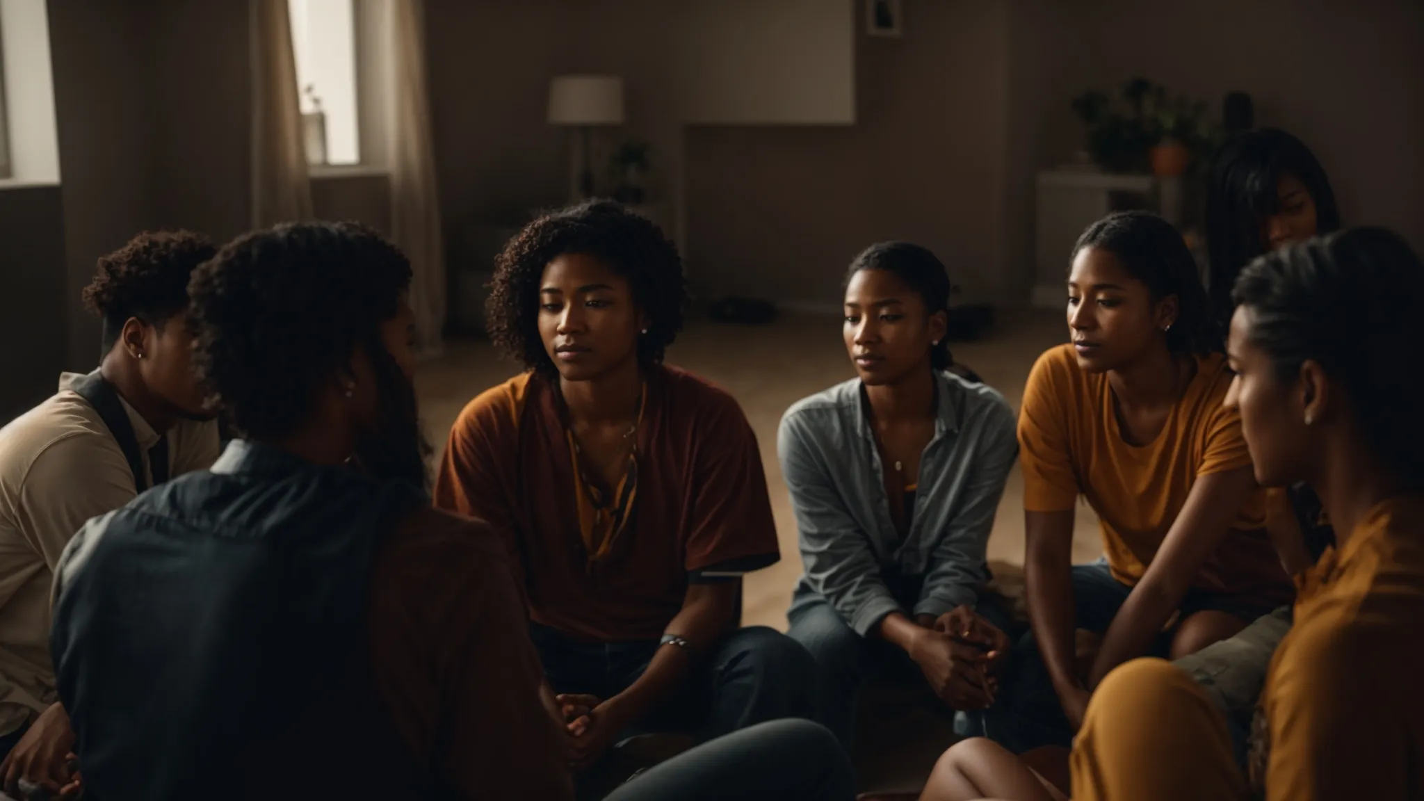 a diverse group of individuals sitting in a circle, sharing stories and offering comfort and support to one another.