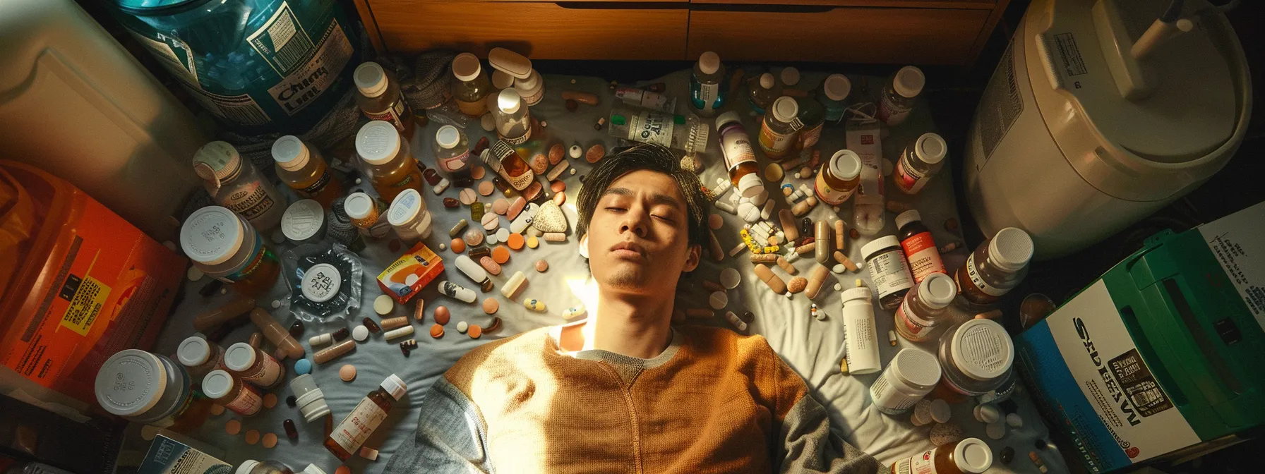 a person surrounded by bottles of antidepressants, mood stabilizers, and antipsychotic medications, highlighting the importance of medication strategies in managing bpd symptoms.