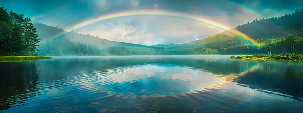 a serene lake reflecting a rainbow of emotions as a client releases past traumas with the guidance of a skilled emdr therapist.