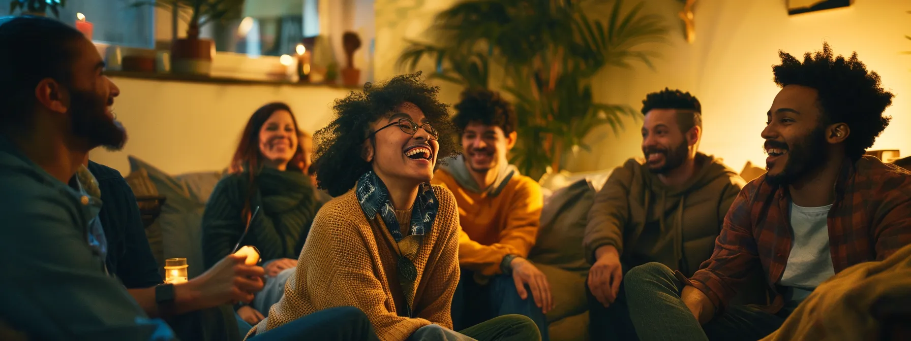 quarter-life crisis. a group of diverse, smiling friends surrounded by supportive mentors in a cozy living room setting.