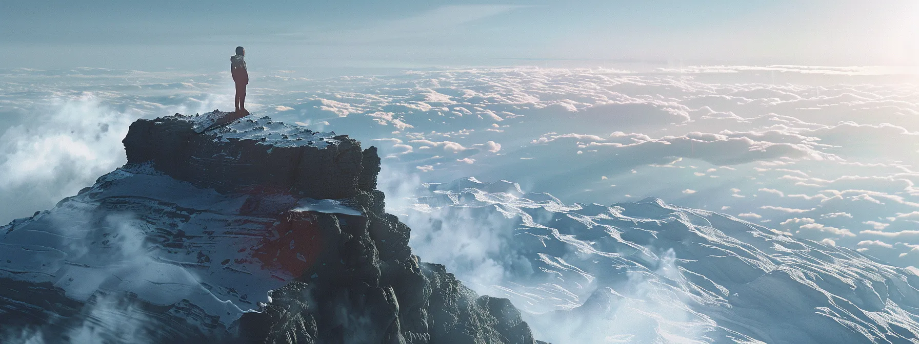 quarter-life crisis. a person standing confidently on a mountain summit, overlooking a vast landscape, symbolizing empowerment and taking proactive steps towards overcoming challenges.