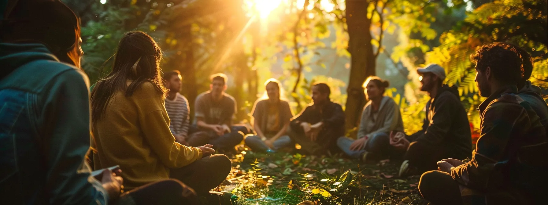 a person surrounded by a diverse group of supportive friends in a tranquil setting, offering comfort and understanding for coping with agoraphobia.