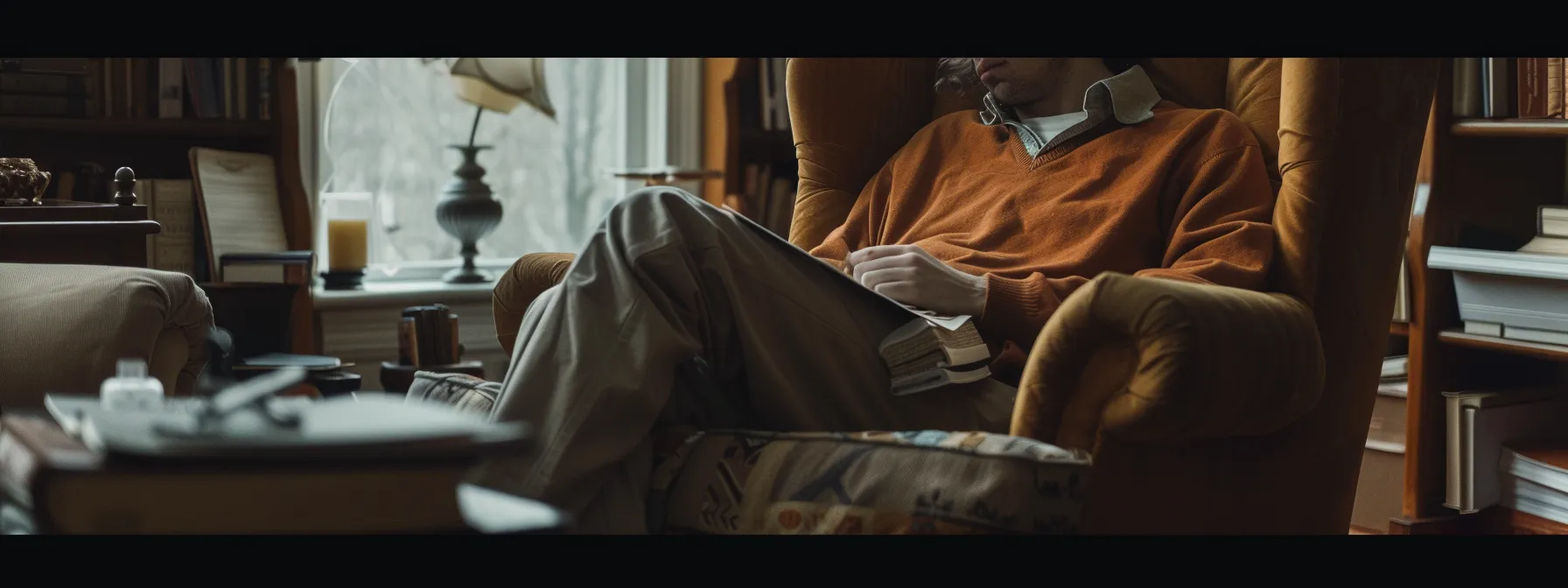 a person sitting in a cozy chair, surrounded by notebooks and pens, with a thoughtful expression, ready to begin their therapy journey with a behavioral health therapist.