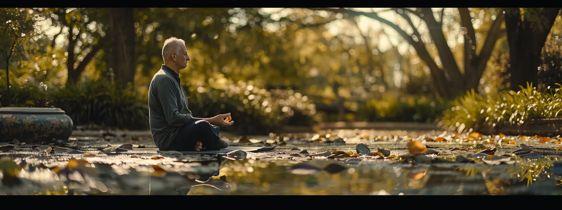 a serene image of john practicing mindfulness in a peaceful nature setting, embodying confidence and resilience.