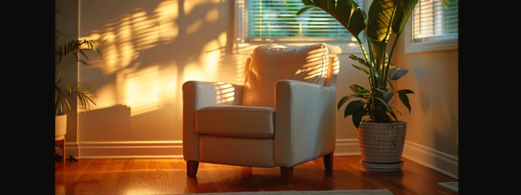 a calm, soothing environment with a comfortable chair and soft lighting for counseling autistic adults.