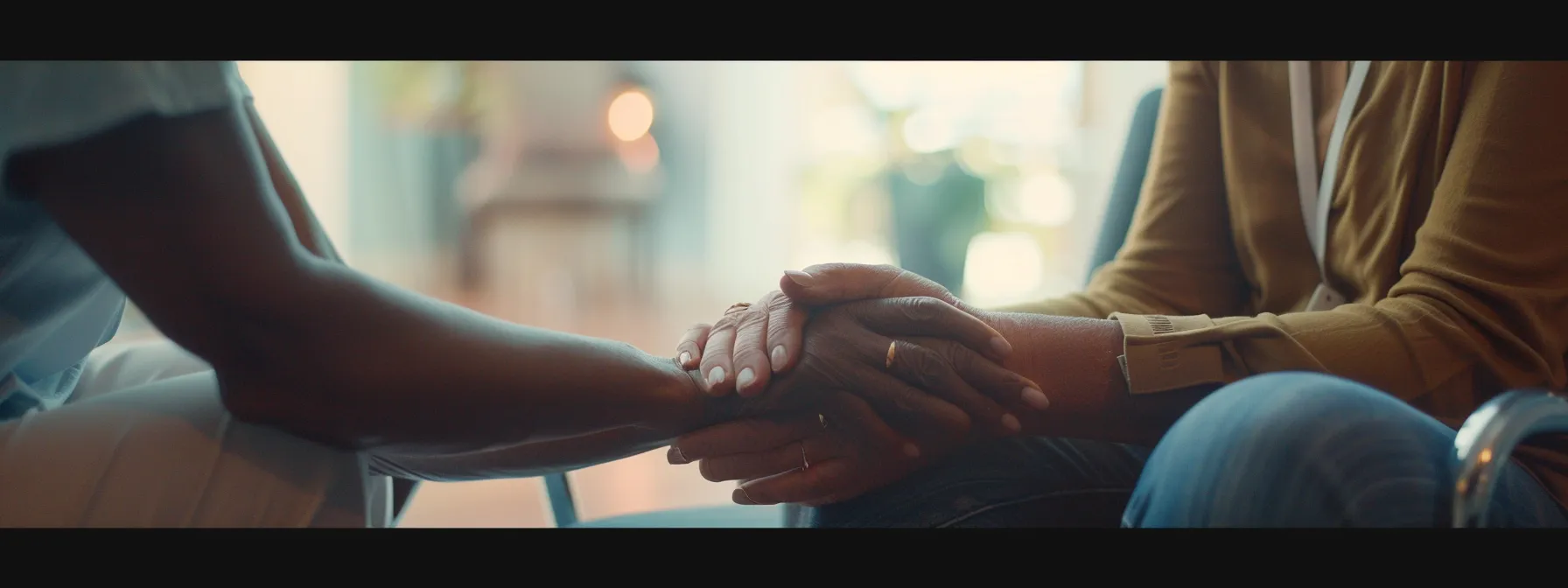 a caring individual holding hands with a mental health professional in a calming, supportive environment.