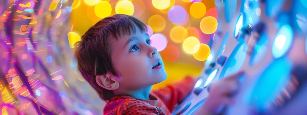 a child with a bright, curious expression exploring a colorful sensory play area, representing the spectrum of autism.