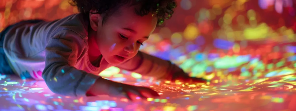 neurodivergence, a child with autism engrossed in a colorful sensory play activity, surrounded by soft lighting and calming nature sounds.