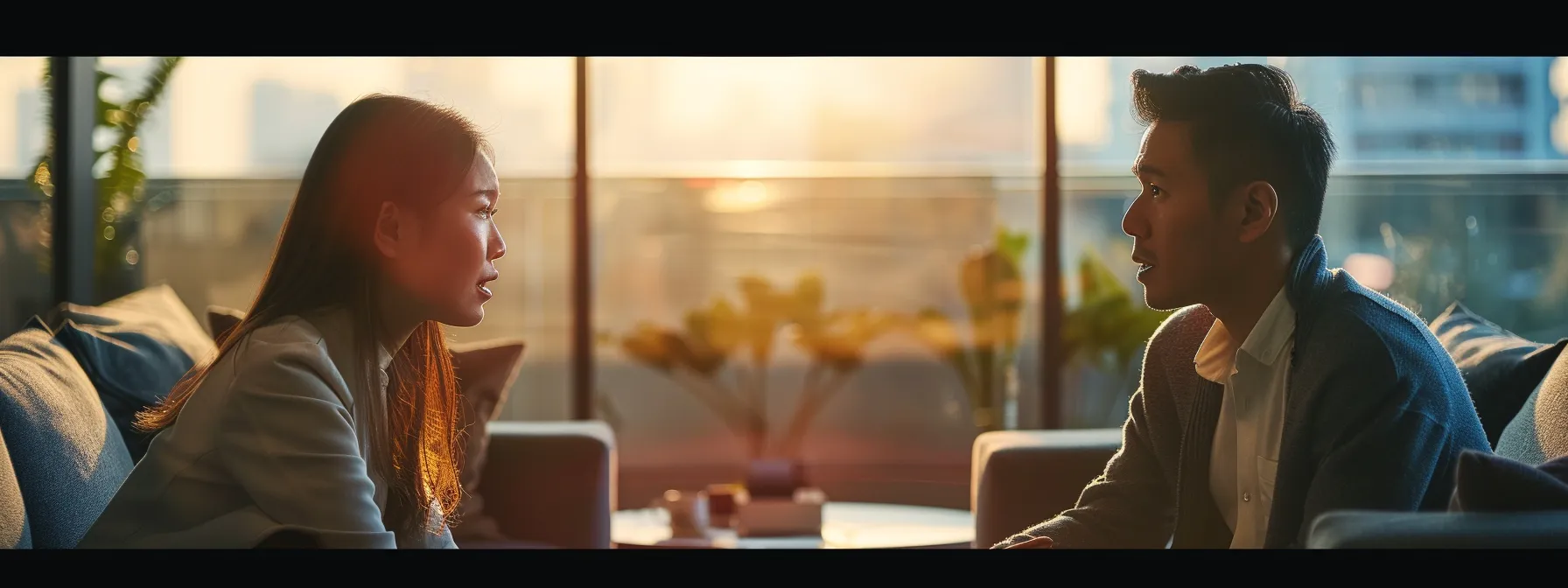 a couple sitting face to face, engaged in deep conversation, with a sense of empathy and understanding in their eyes.