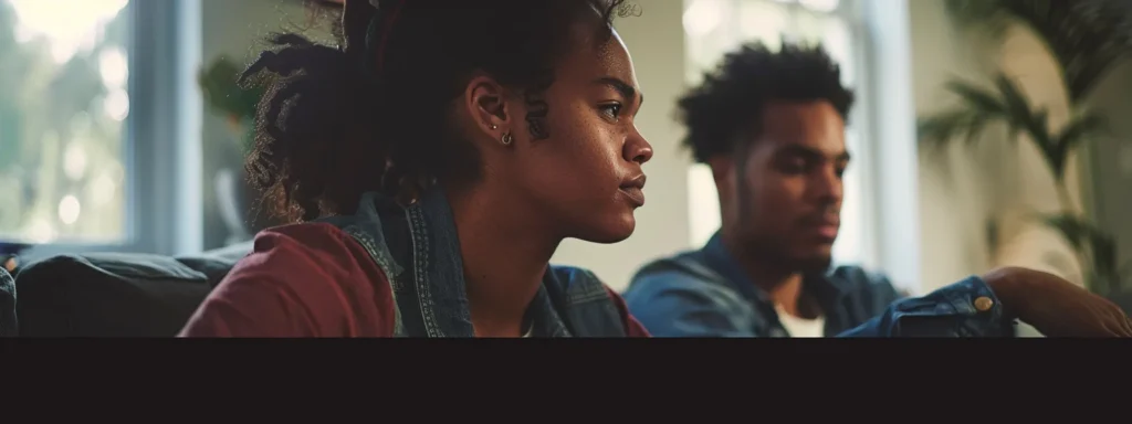 a couple sitting together in a room, with one person visibly withdrawn and lost in thought, while the other looks on with concern and empathy.