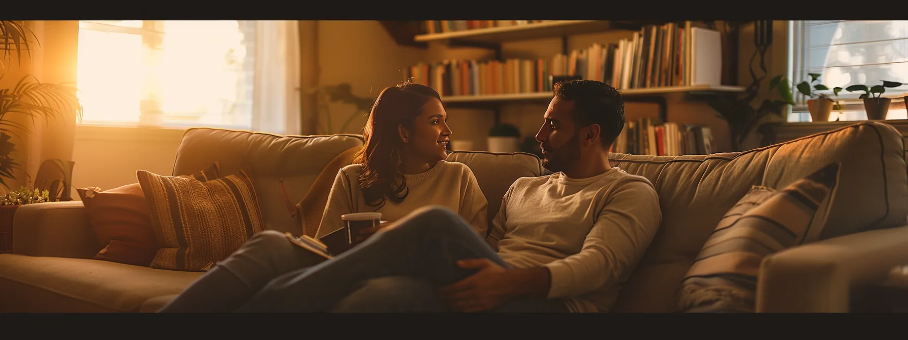 a couple sitting together on a cozy couch, sharing a heartfelt conversation about mental health, surrounded by books and resources on overcoming stigma and building stronger relationships.