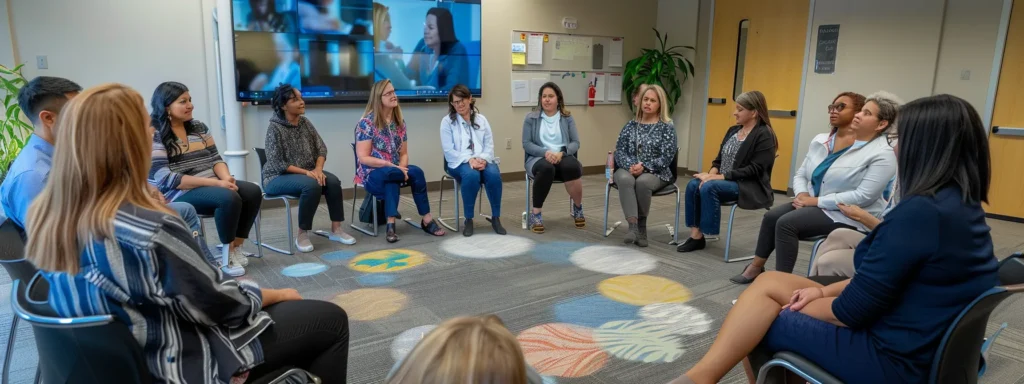 a diverse group of employees sitting in a circle, engaged in an interactive neurodiversity training session led by a passionate facilitator.