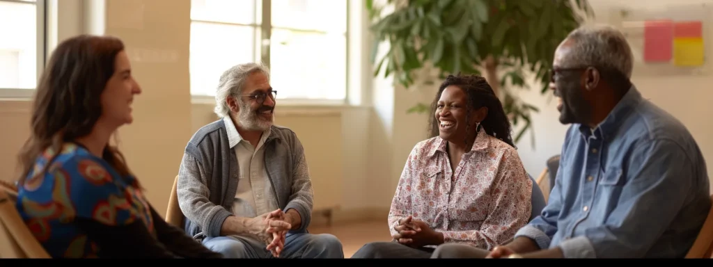 a diverse group of neurodivergent individuals smiling and laughing together in a circle during a local support group meeting.