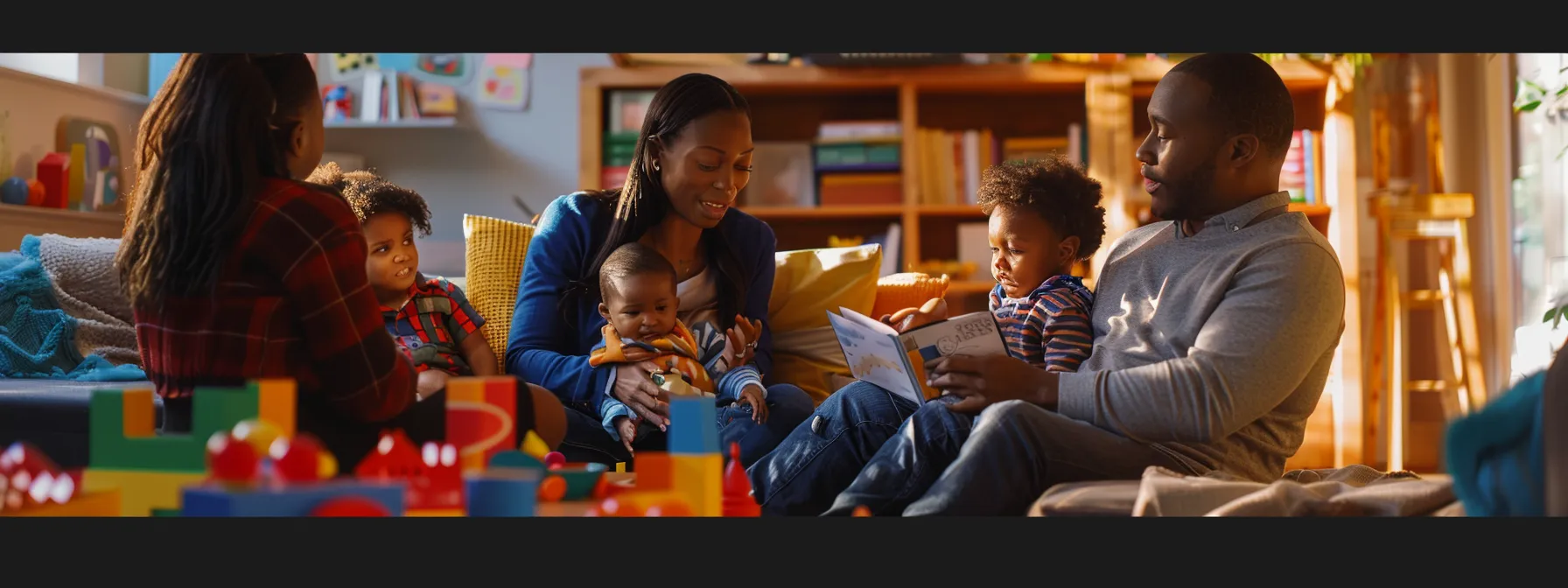 a family sitting together in a cozy living room, surrounded by colorful toys and books, engaging in a discussion with a compassionate psychiatric professional about mental health challenges.