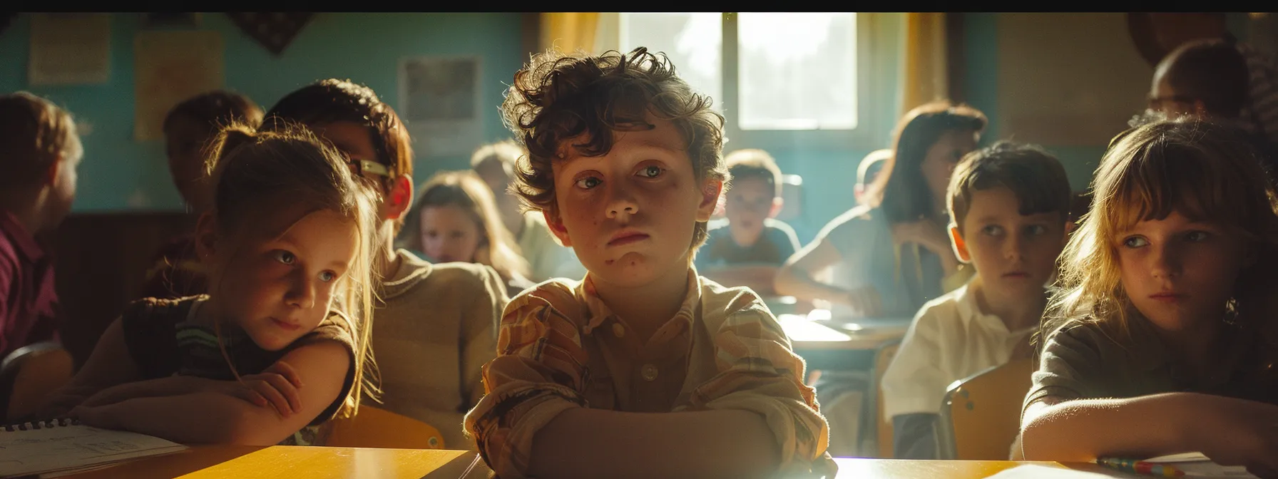 a group of children sitting at a school desk, one looking distracted and isolated while others interact happily, representing the importance of recognizing behavioral indicators in young individuals.