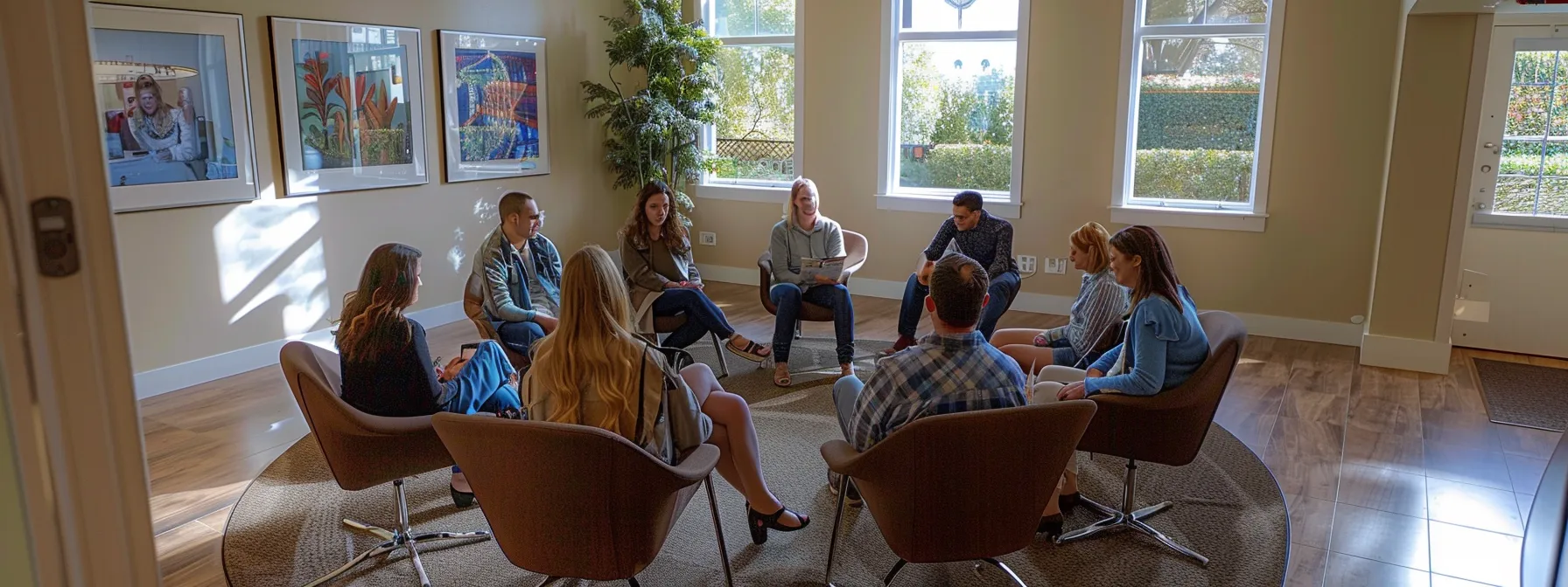 a group therapy session in an intensive outpatient program, with individuals discussing treatment options and sharing experiences in a supportive environment.