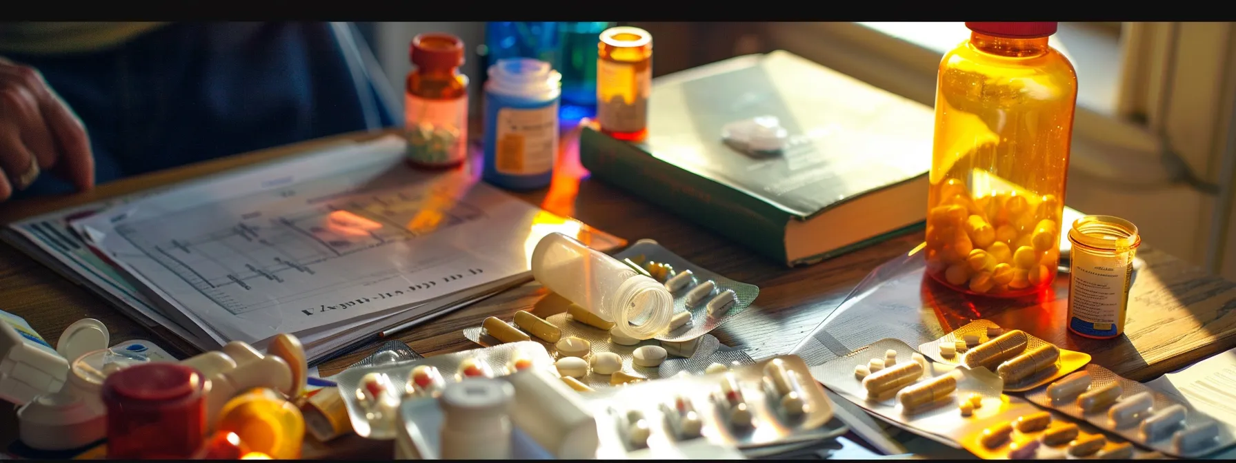 a person examining bottles of medication on a well-lit desk, surrounded by medical books and notes, highlighting the importance of informed healthcare decisions.