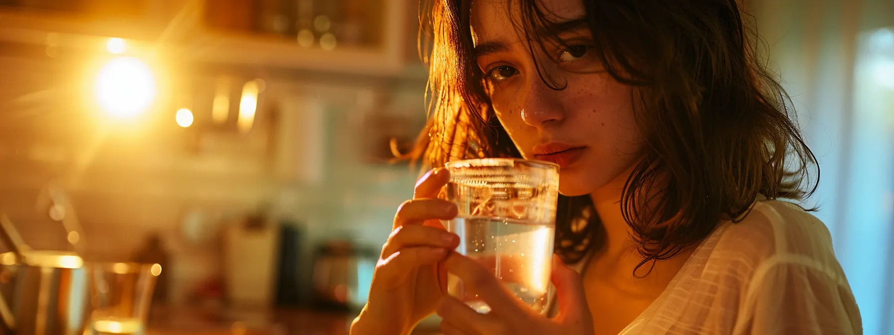 a person holding a glass of water, with a weary expression, standing in front of a mirror.