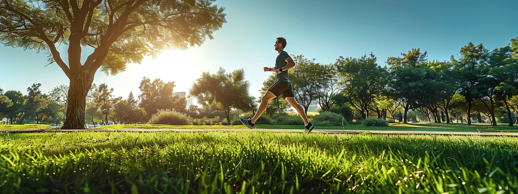 a person jogging in a vibrant green park under a clear blue sky, showcasing the importance of physical health in combating stress effects.