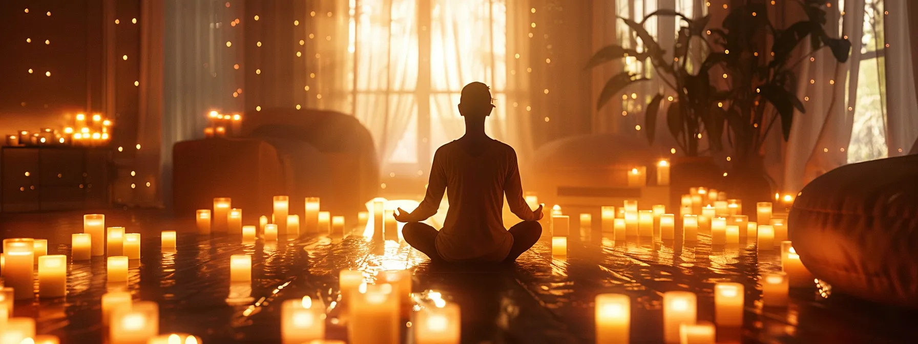 a person meditating in a peaceful room surrounded by calming candles and soft lighting, creating a serene atmosphere conducive to relaxation and stress relief during a tense election season.