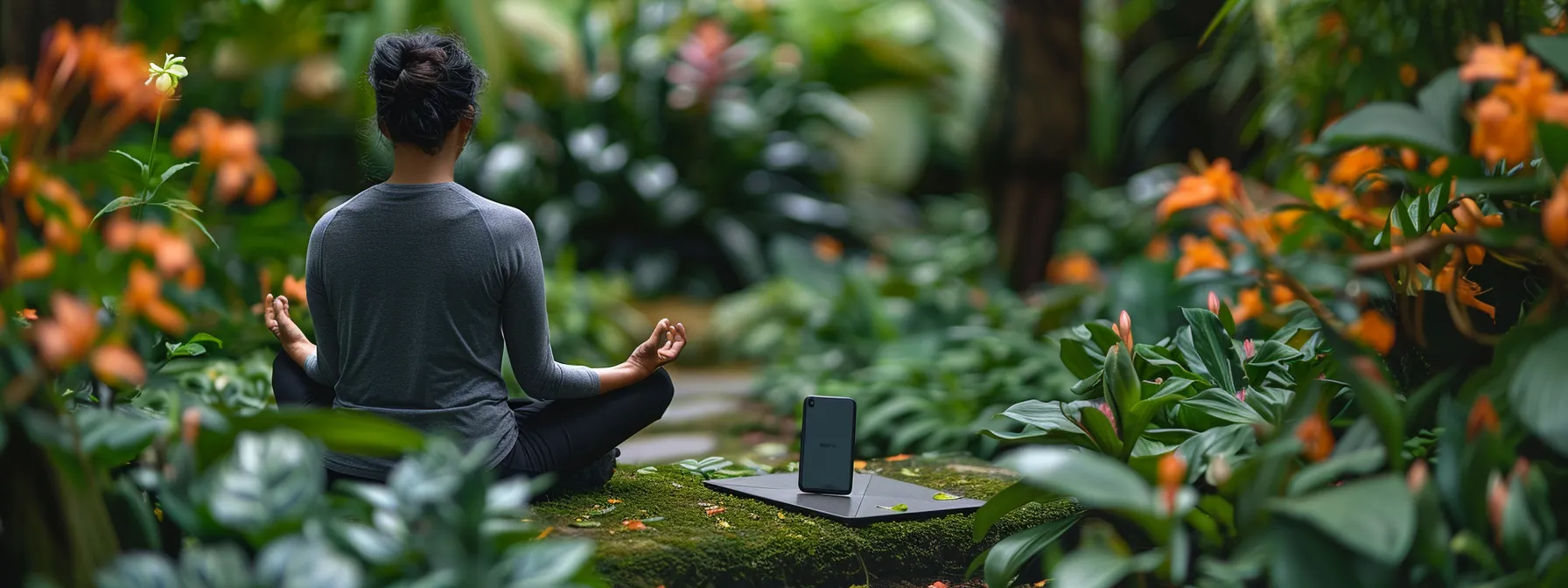 a person peacefully meditating in a serene garden, surrounded by vibrant flowers and lush greenery, with a smartphone showing positive social media content lying untouched next to them.