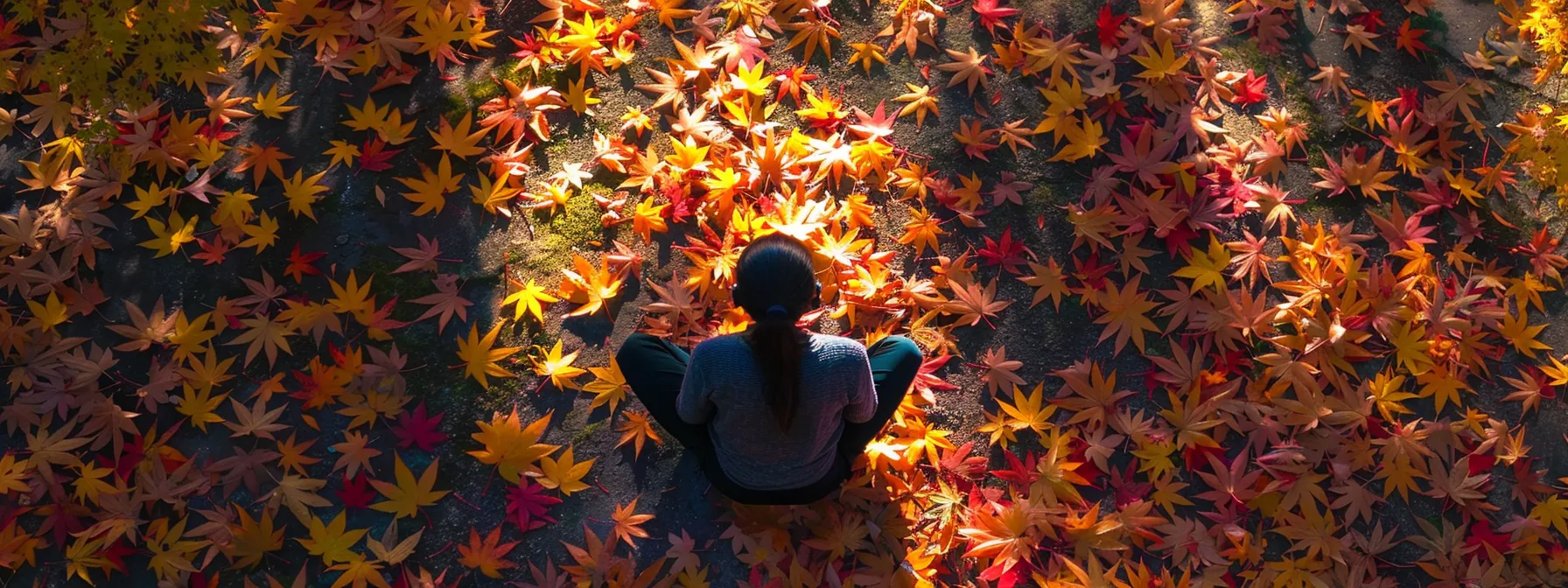 a person practicing mindfulness in a serene nature setting surrounded by colorful autumn leaves, helping to manage election stress.