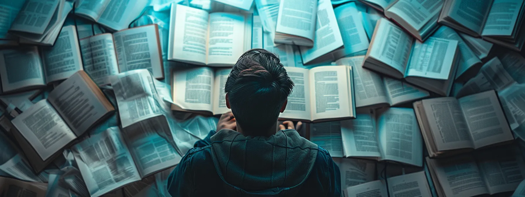 a person reading a mental health guidebook, surrounded by open pages filled with complex medical terms from 'u' to 'z', illuminated by a soft overhead light.