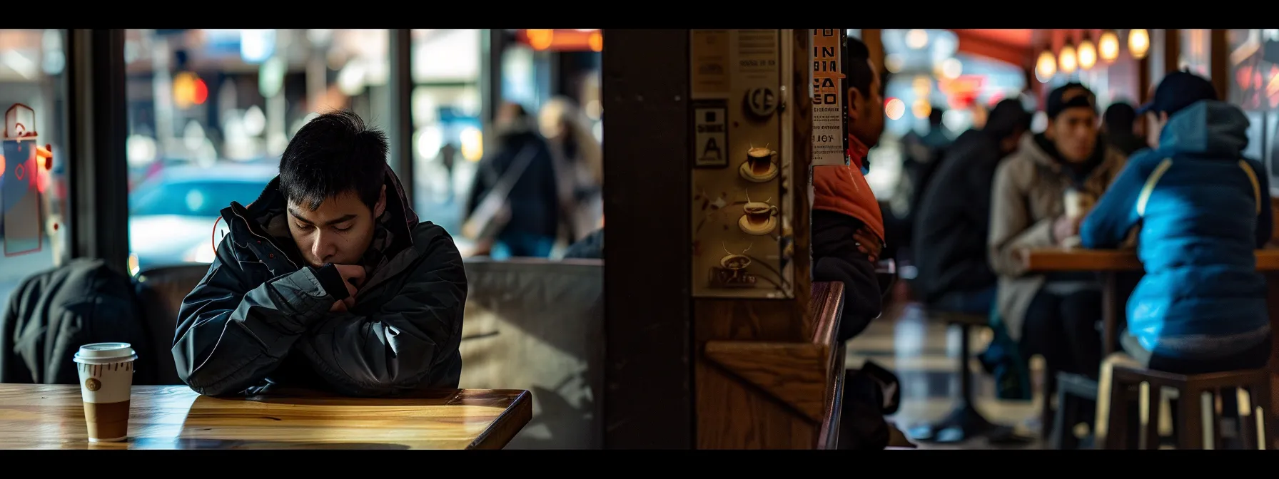 a person sitting alone at a crowded coffee shop, their downcast eyes and slumped posture hinting at the weight of depression lurking beneath their daily routine.