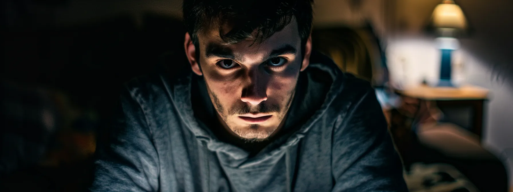 a person sitting alone in a dimly lit room, staring blankly at a trigger object with a haunted expression, demonstrating the signs of ptsd in their everyday life.