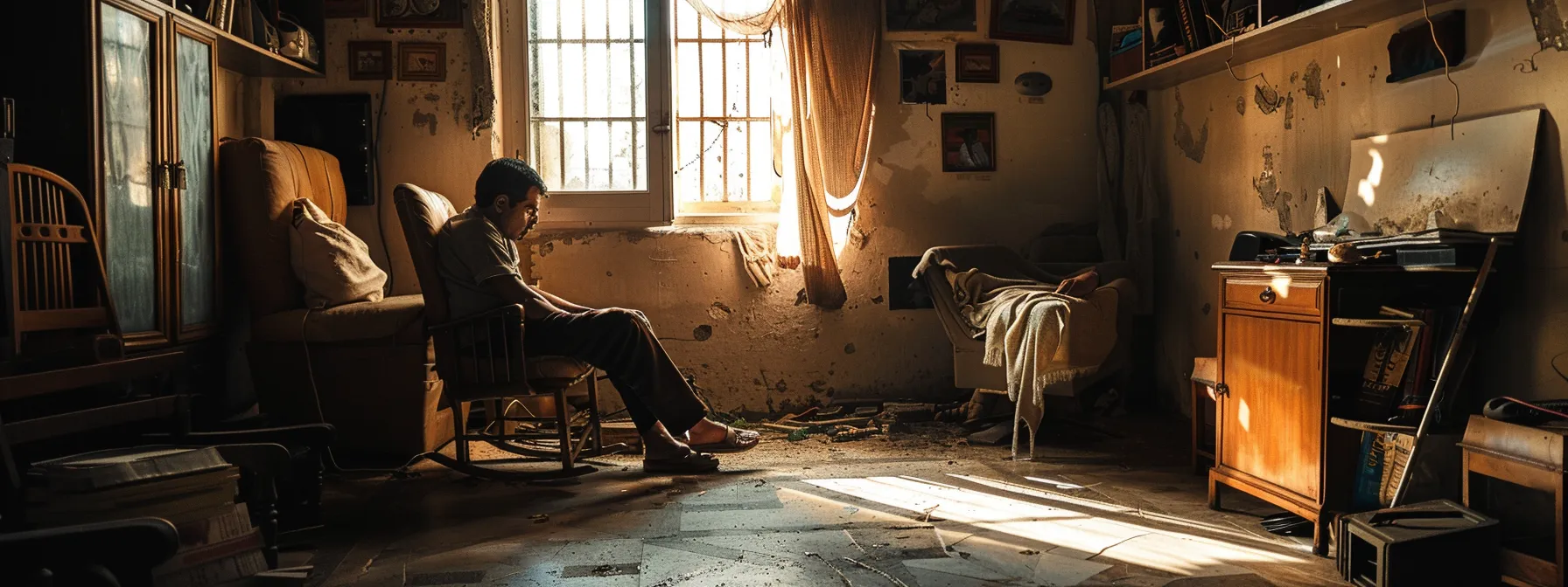 a person sitting alone in a dimly lit room, surrounded by abandoned hobbies and a look of deep sadness on their face.