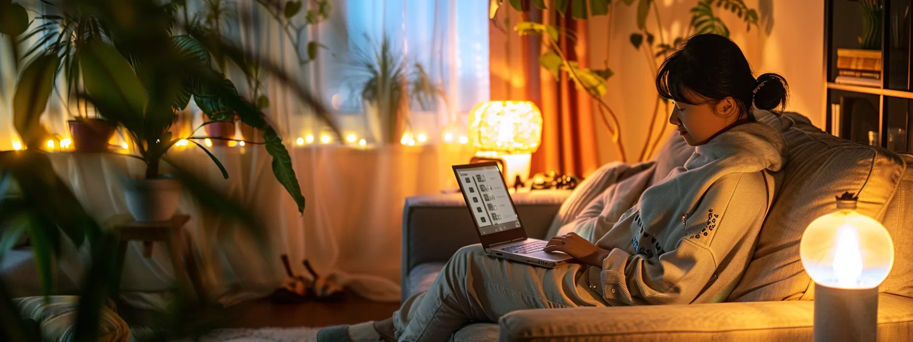 a person sitting calmly in a cozy room, surrounded by soft lighting and comforting decor, engaging in a telepsychiatry session on a laptop.