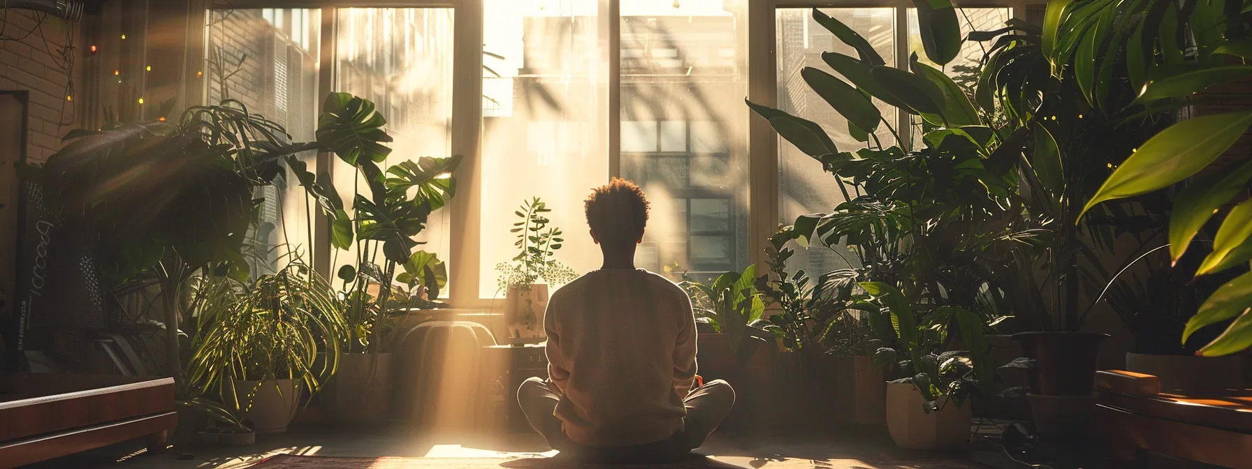 a person sitting in a peaceful, sunlit room surrounded by calming plants, practicing mindfulness meditation to alleviate election-related stress.